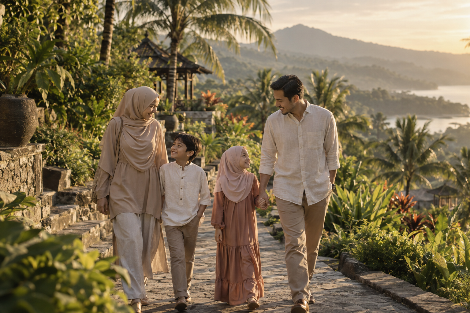 Ilustrasi keluarga Muslim berjalan bersama di taman tropis